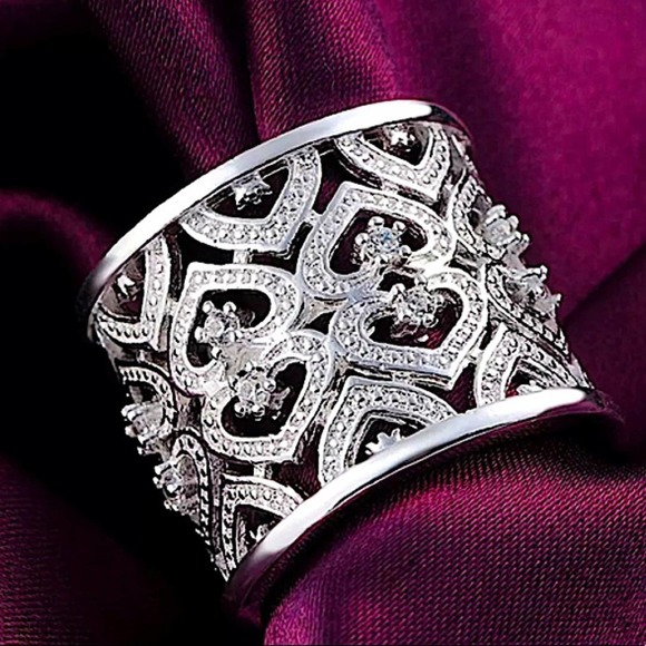 NEW STERLING SILVER WIDE BAND ZIRCONIA HEART CUFF RING - Picture 2 of 12